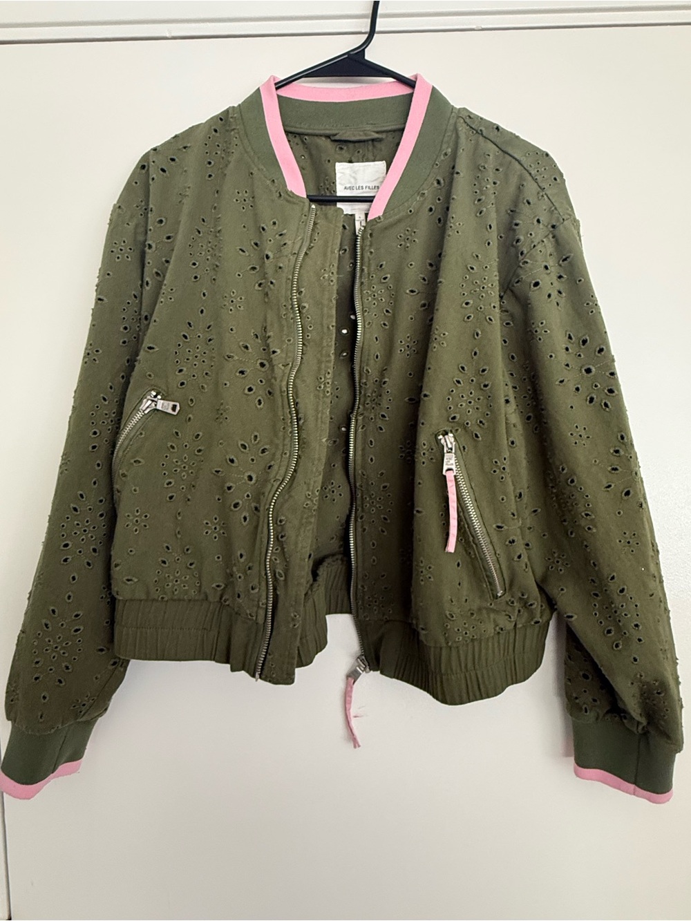 Anthropolgie- Avec Les Filles Olive Green Eyelet Bomber with Pink Trim